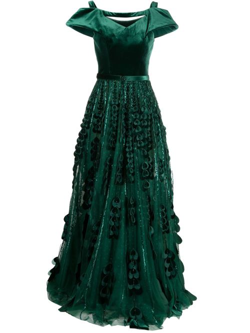 Heart-appliqué beaded tulle dress - Green
