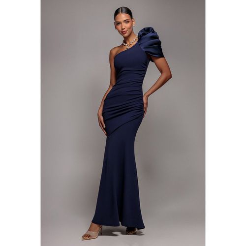 Goddiva One Shoulder Puffed Satin Sleeve Evening Maxi Dress - Navy Blue