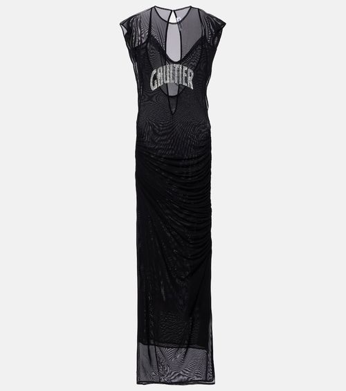Logo sequined mesh maxi dress