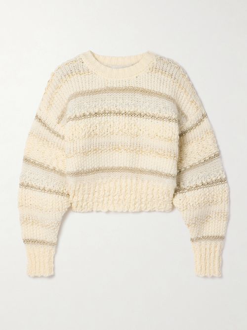 Cropped Metallic Striped Wool-blend Sweater - Cream