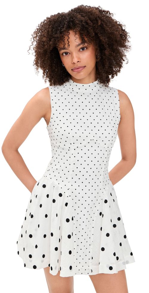 Polka-Dot Mix Gathered Hip Mini Dress White