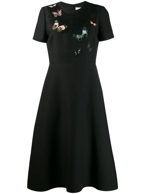 Butterfly Embroidered Crêpe Dress — Black