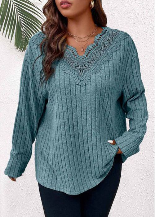 Modlily Dusty Blue Patchwork Plus Long Sleeve T Shirt - 3X