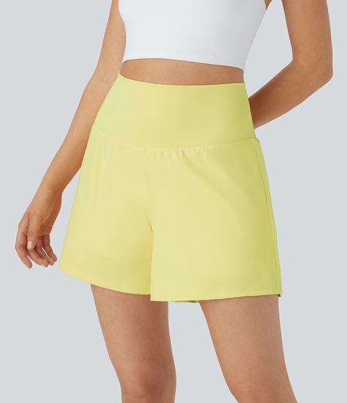 Super High Waisted Pocket & Pocket 2-in-1 Yoga Shorts 5''-Longer Length Gym Short - Yellow Pear