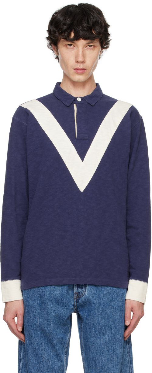 Drake's Navy Chevron Cotton Rugby Shirt