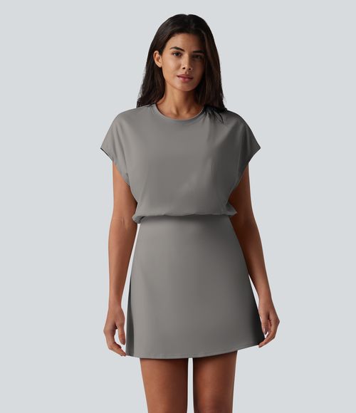 SoftlyZero™ Airy Round Neck Short Sleeve 2-in-1 Cool Touch Mini Yoga Active Dress with Pockets-Easy Peezy Edition Workout Dress - Steeple Gray