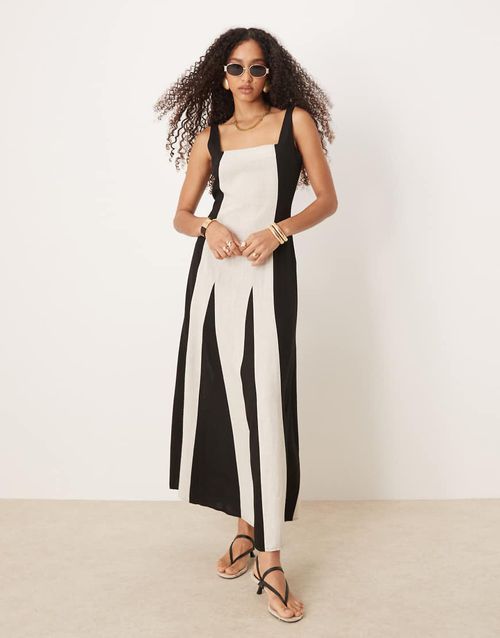 Square neck contrast linen maxi dress in cream and black