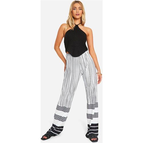 Womens Striped Plisse Wide Leg Trousers - Black & White - 14, Black & White