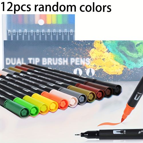 TEMU 12-color Dual-tip Art Pen Set | Quick-drying & Inks | Professional-grade For Artists | Vibrant Colors, Smooth Writing, Ideal For Painting