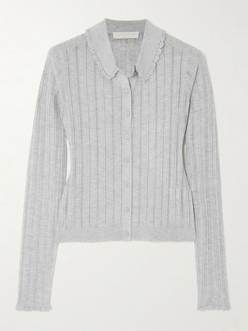 Lottie Crochet-trimmed Pointelle-knit Cardigan - Gray
