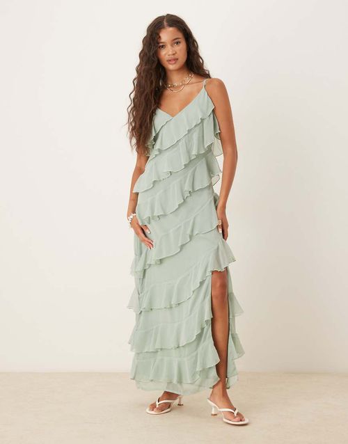 green emerald velvet dress Asos Edition Textured Cami Midi Dress With Cut Out And Tiered Hem In Olive  Green