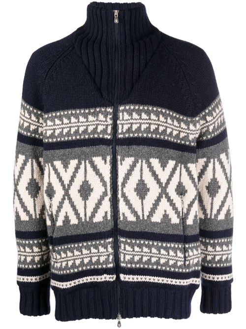 Argyle-check zipped cardigan - Blue