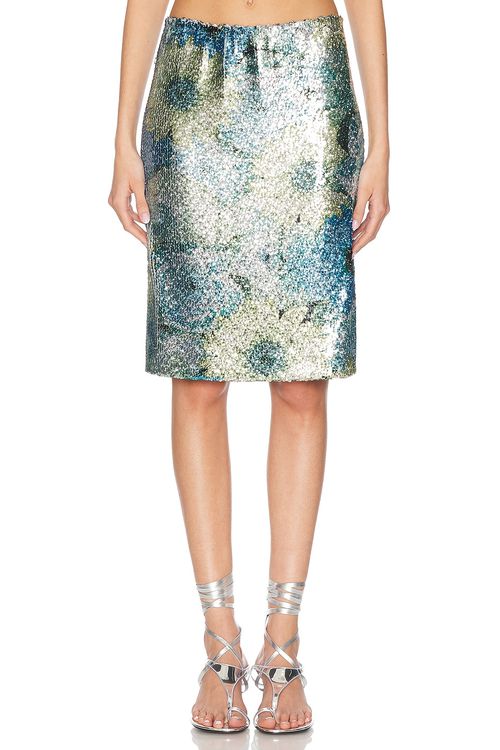 PRISCAVera Sequin Midi Skirt in Silver Dew - Metallic Silver.  L also in