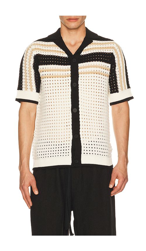 Central Park West Anderson Striped Crochet Button Down Shirt in Cream. L. Also in M, S, XL/1X
