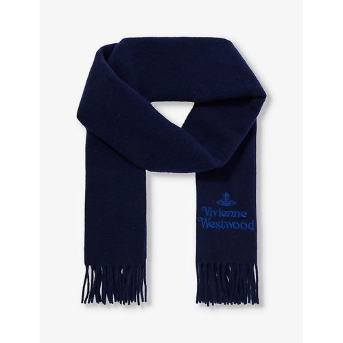 Mens VY Blue Brand-embroidered Fringed-trim Wool Scarf
