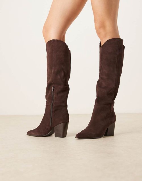 Kaely western detail knee high boots in suede chocolate-Black
