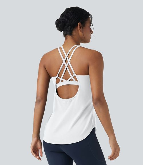 UltraSculpt™ Round Neck Crisscross Back Running Tank Tops DD-F Cups Tank Top - White