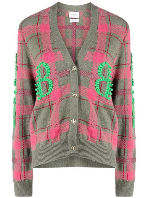 Logo-embossed checked intarsia-knit cardigan - Pink
