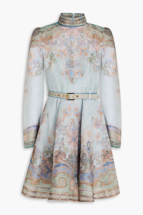 Belted paisley-print linen and silk-blend organza mini dress - Blue - 0