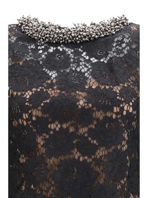 Jewel-Embellished Lace Dress — Black