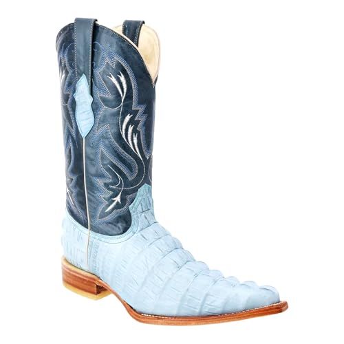 Men’s White Diamonds Cowboy Boots Baby Blue Imitation Crocodile Snip Toe Leather Sole Western Rodeo Boots for Men, Exotic Handmade Dress and Everyday Country Wear (Baby blue,  US Footwear