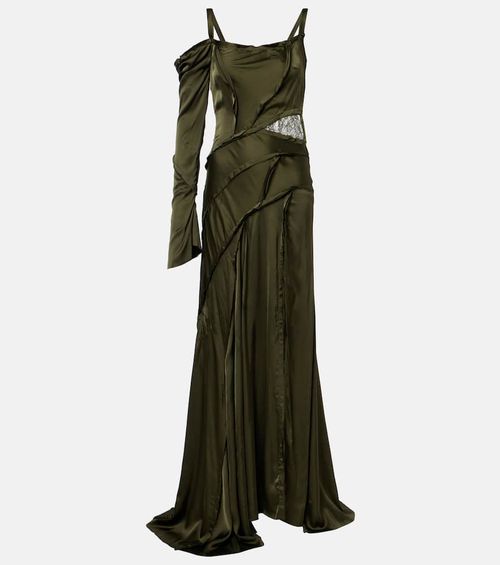 Asymmetric lace-trimmed satin gown