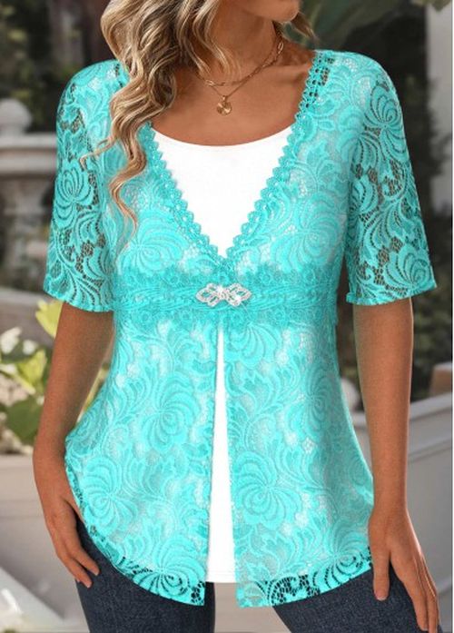 Modlily Cyan Lace Half Sleeve Fake Two Piece Twinset