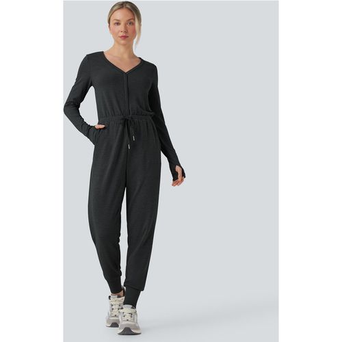 Halara V Neck Long Sleeve Thumb Hole Drawstring Workout Jumpsuit with Pockets-Easy Peezy Edition - Mottled Hemp Black - XLregular