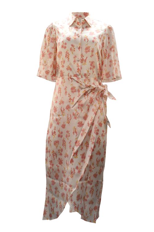 Floral Print Wrap Midi Dress in White Silk