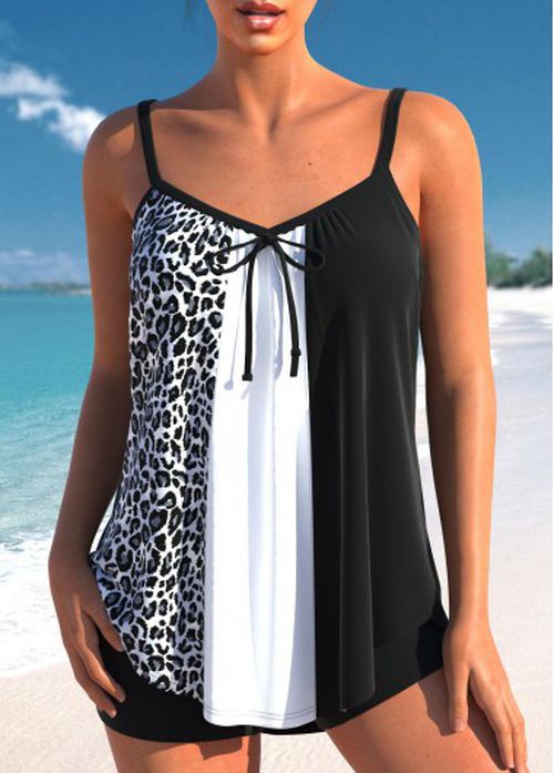 Modlily Patchwork Leopard Black Bowknot Tankini Set