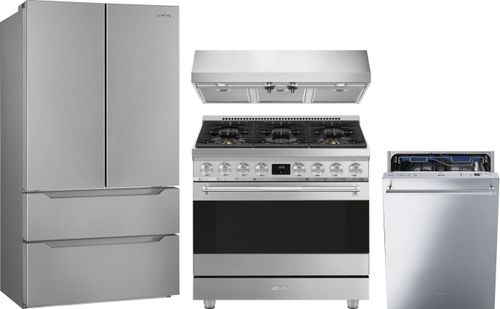 Smeg 4 Piece Kitchen Appliances Package with French Door Refrigerator, Gas Range and Dishwasher in Stainless Steel SMRERADWRH732