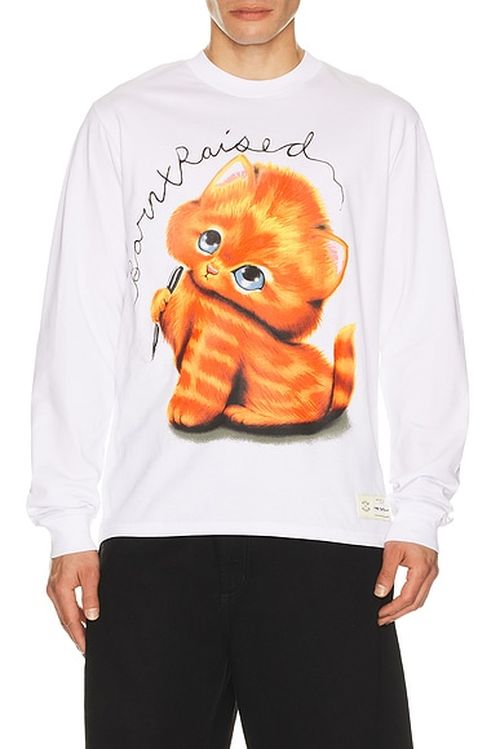 Born x Raised Kitty Long Sleeve Tee in White - White. M also in L, S, XL/1X