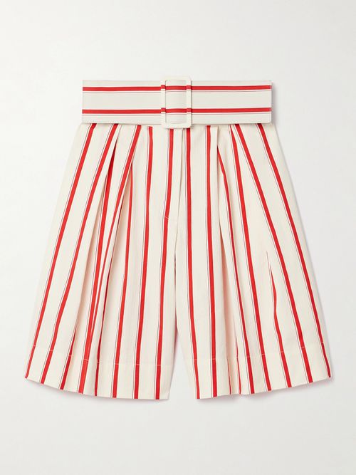 Belted Pleated Striped Herringbone Cotton-blend Shorts - Red