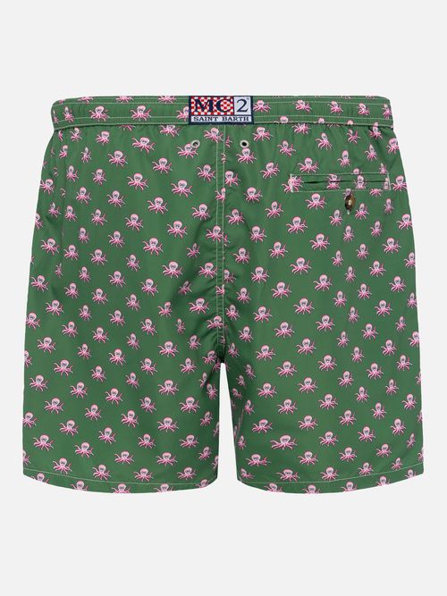 Lightweight Fabric Swim Shorts Lighting With Octopus Print Green Swimshort - Men
