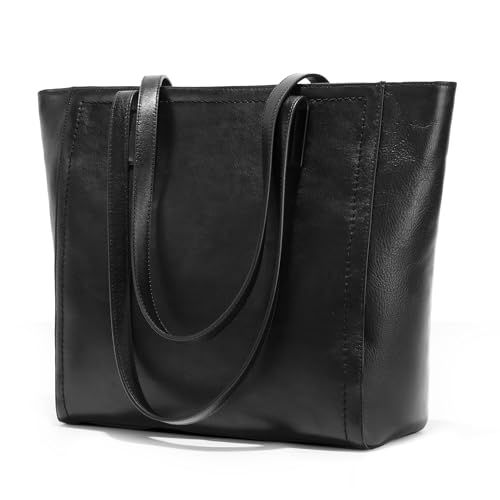 Genuine Leather Work Tote Bags For Women Large Tote Bag With Zipper Black Real Leather Purse With Compartment Vintage Handbags Womens Designer Shoulder And Handbags For Travel Everyday
