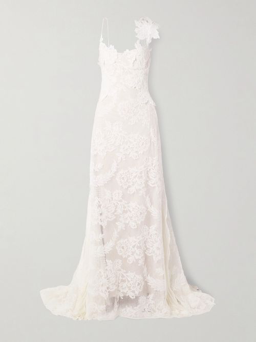 Edie Appliquéd Silk Chiffon-trimmed Cotton-blend Corded Lace Gown