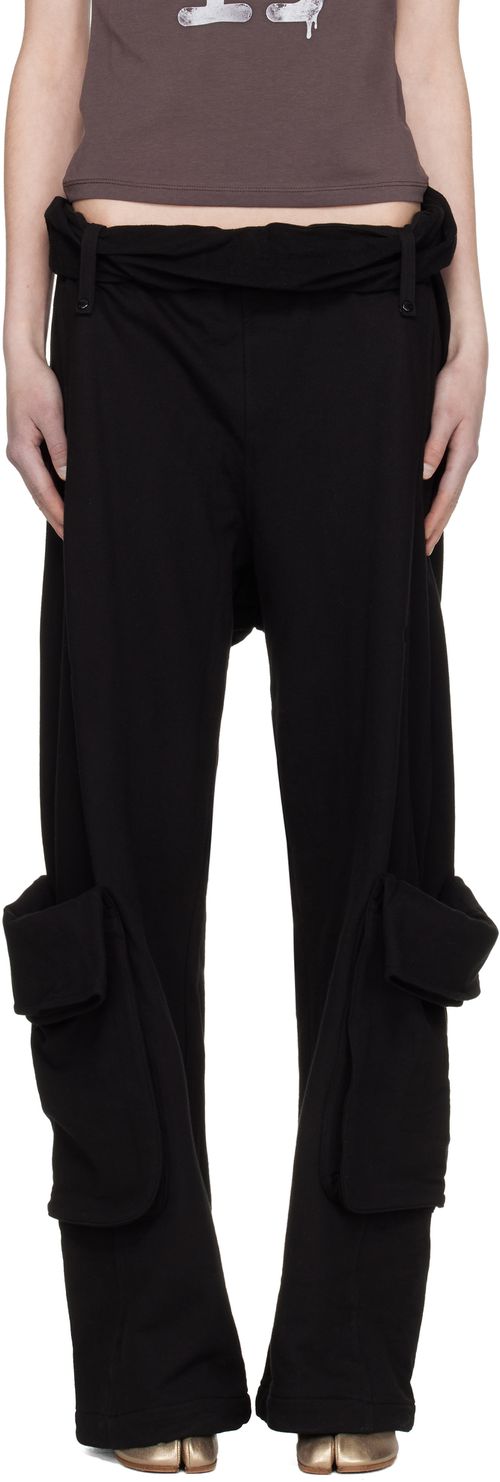 Black Rolled Waist Sweat Cargo Pants
