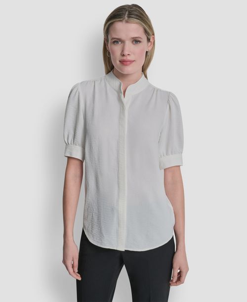 Women's Bell-sleeve Mandarin Collar Textured Blouse - Ivory