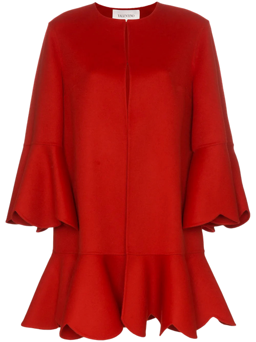 Ruffled Wool-Cashmere Coat — Red