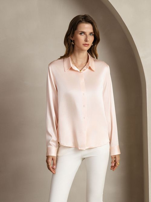 19Momme Silk Long Sleeve Lapel Collar Women's Shirt with Button Up Design
