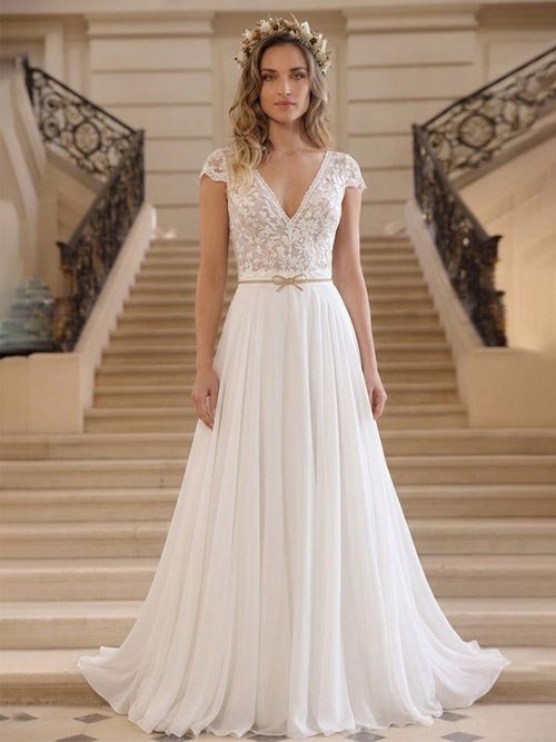 Boho Wedding Dress Lace Chiffon A-Line Sweep Natural Waist Zipper Short Sleeves V-Neck City Hall Wedding Dre