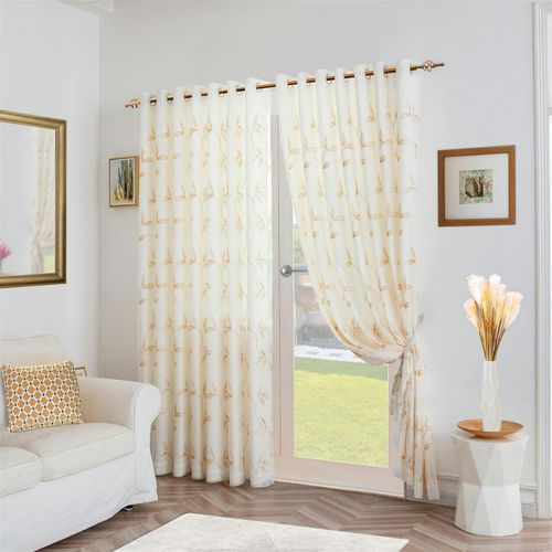 Luxury Living Leaf Embroidered Tulle Voile Curtains Ring Top - Gold