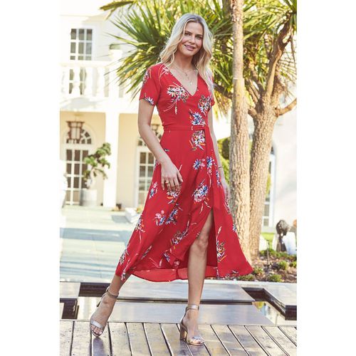 Sosandar Womens Red Floral Print Split Front Maxi Dre