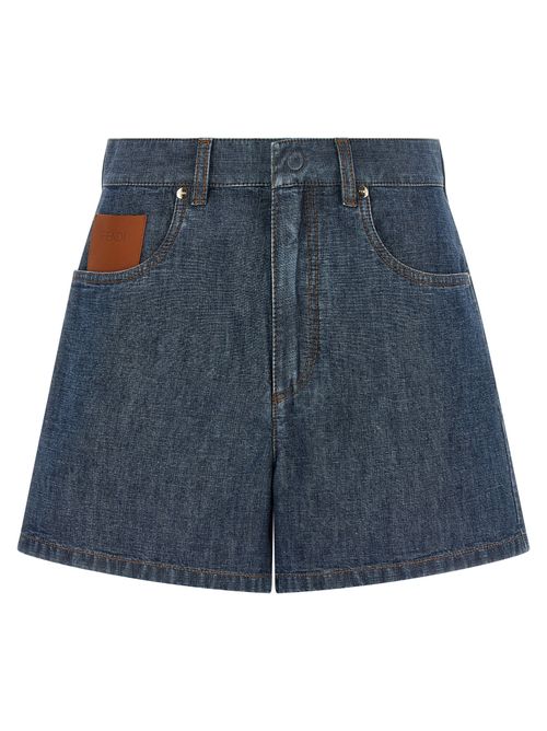 Leather-Patch Denim Bermuda Shorts — Blue