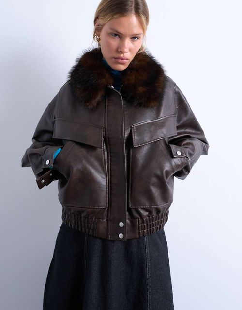 Faux leather boxy zip up pocket bomber jacket with detachable fur color in washed brown