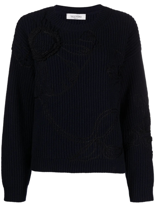 Floral-Embroidered Knit Sweater — Navy