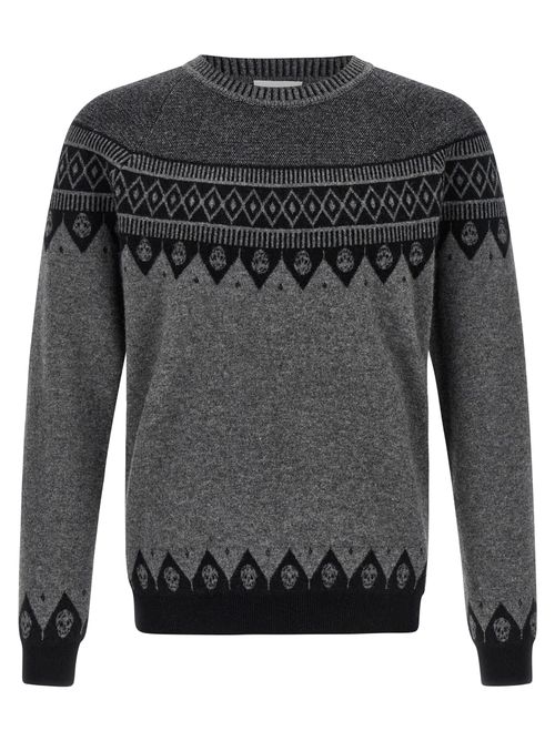 Skull Jacquard Wool Sweater — Gray