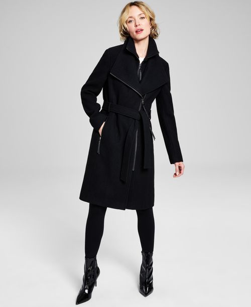 Womens Wool Blend Belted Wrap Coat, Created for Macys - Black Twill