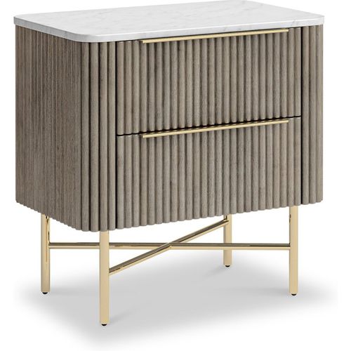 Amelie Grey Fluted Mango & Marble 2 Drawer Bedside Table | Roseland