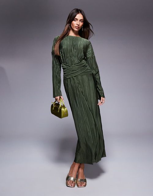ASOS DESIGN plisse high neck long sleeve wrap waist maxi dress in khaki-Green